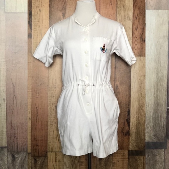 Vintage 80s/90s Charter Club White Cotton Romper Nautical Sailboat Logo Cover Up - Picture 3 of 8